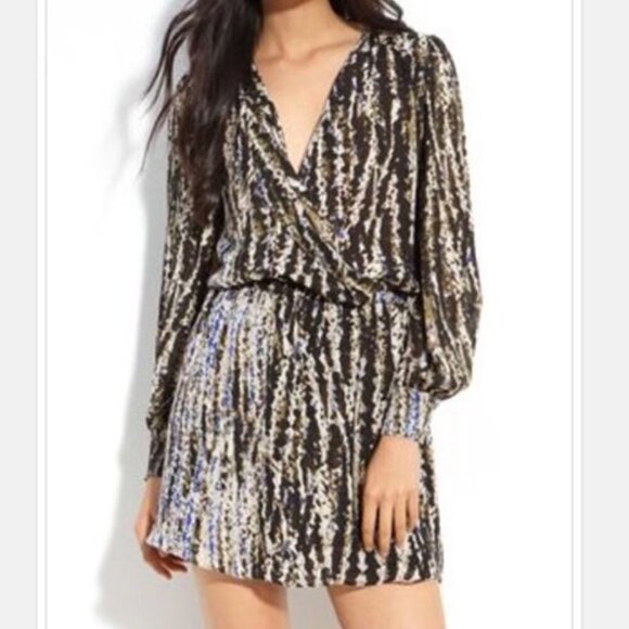 Parker Blue, Black & Gray Marbled Silk Long Sleeve Faux Wrap Dress Size Small - Picture 1 of 8
